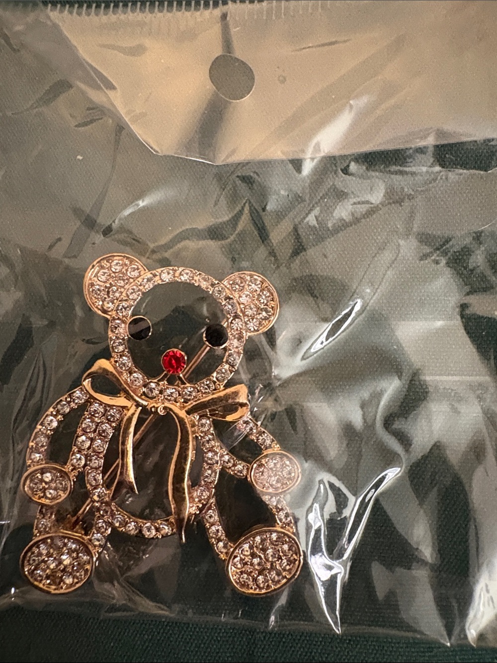 Gold Crystal Teddy Bear Brooch - Black & Red Accents